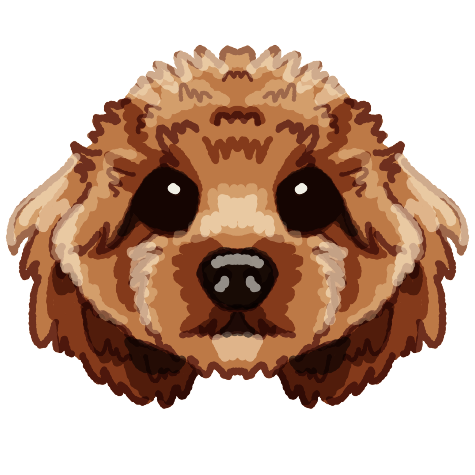 a front facing cavoodle. it is symmetrical and reddish brown, with shading and highlights.